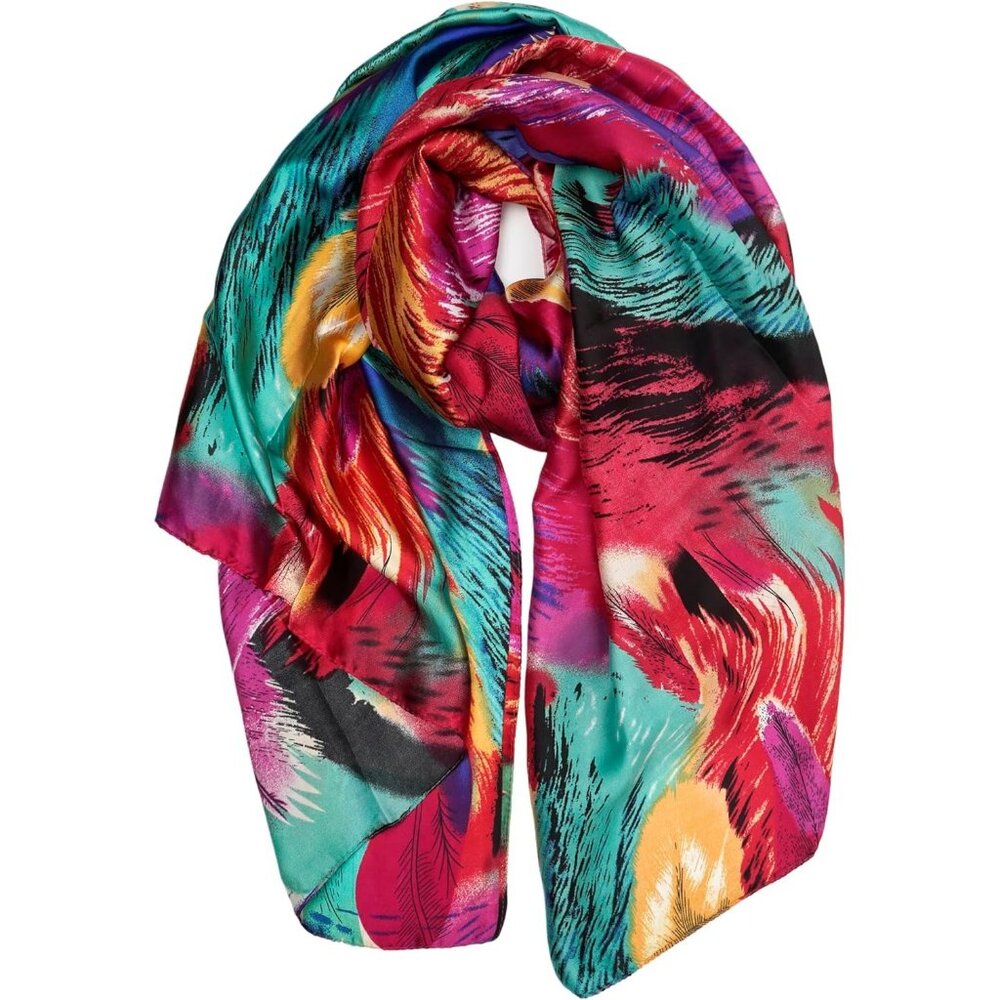 Women Green and Red Long Stain Mulberry Silk Shawl Lightweight Sunscreen Scarf